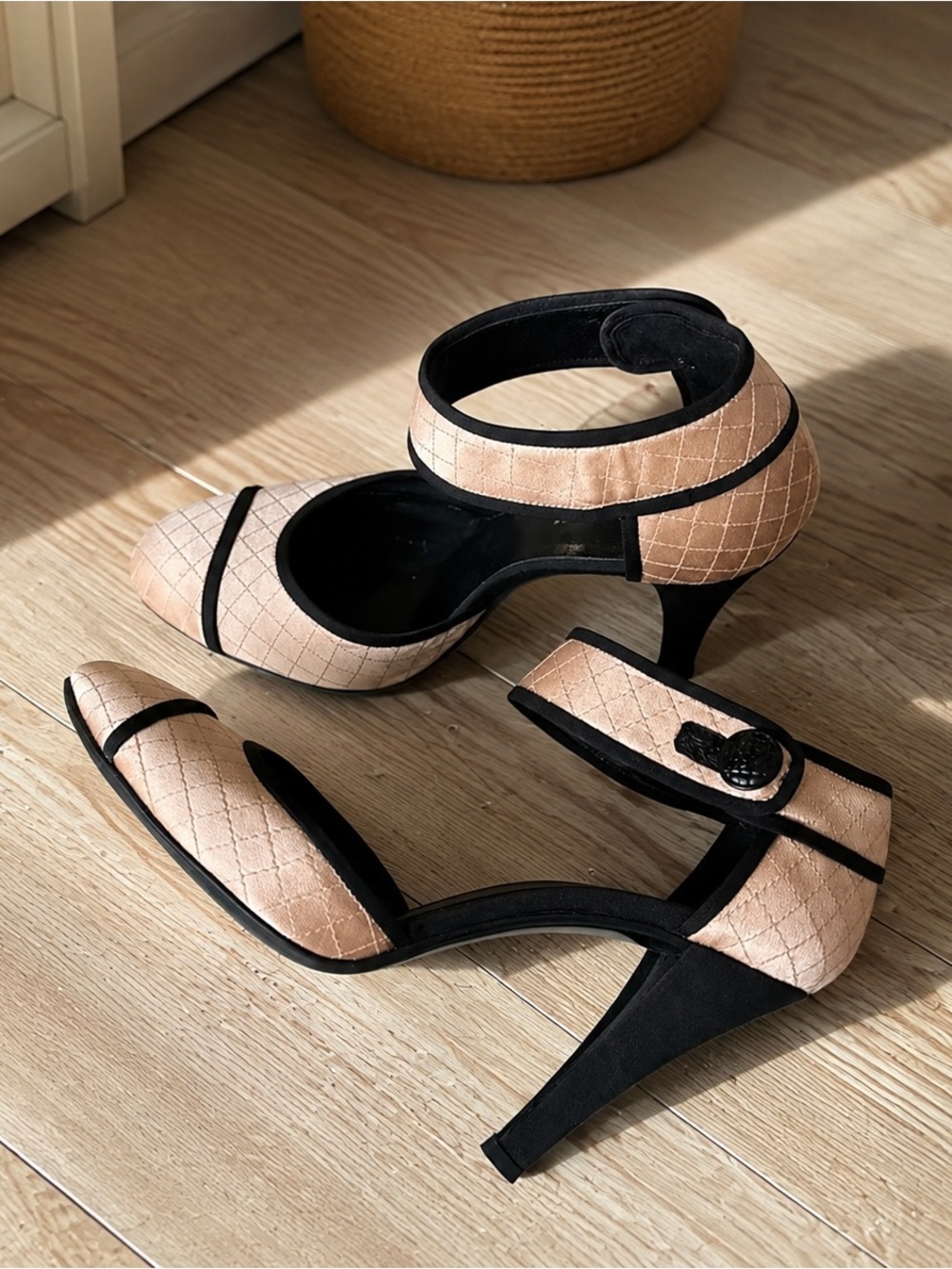 CHANEL Beige and Black Quilted Ankle-Strap Pumps - Picture 3 of 6